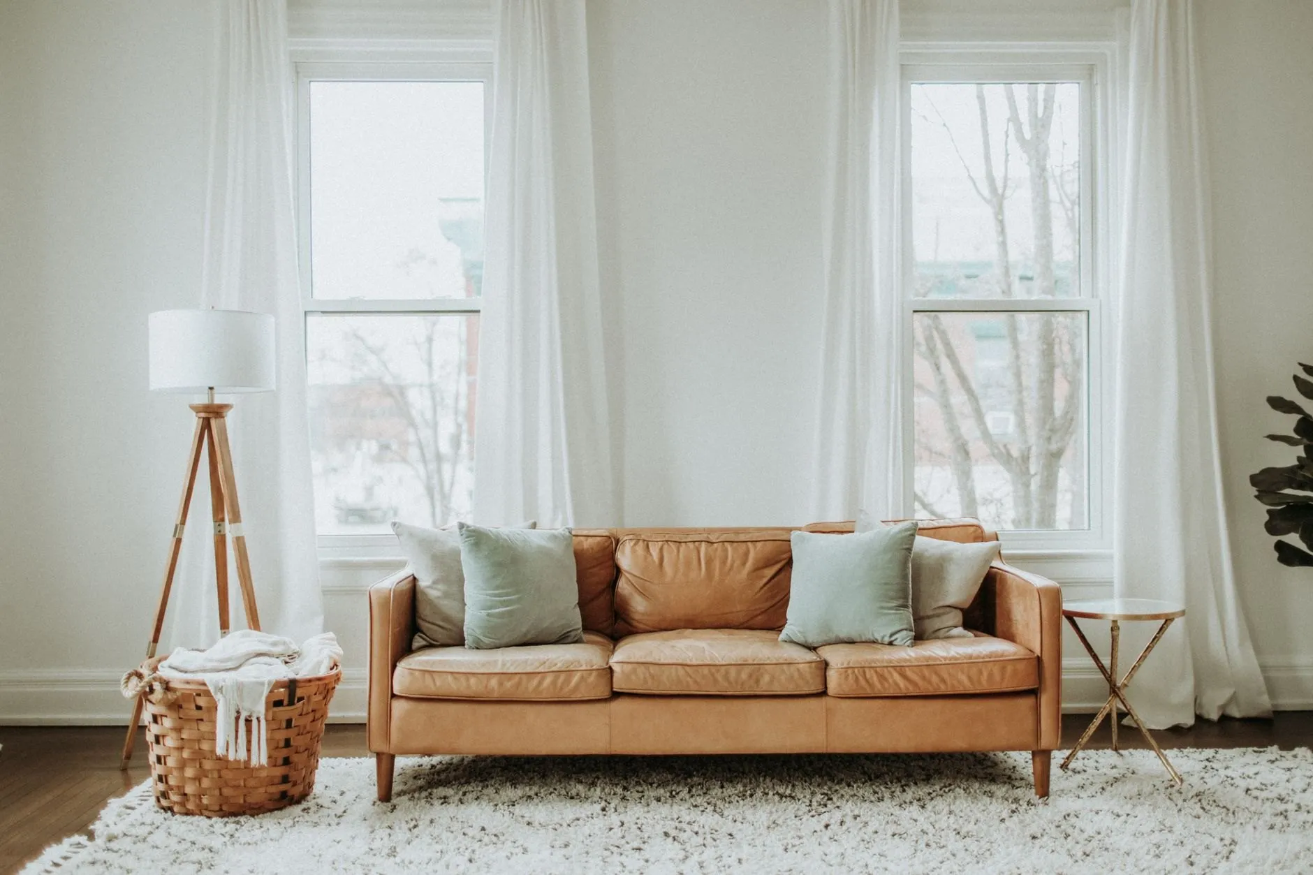 A tidy living room with a tan leather sofa, a rug and tall windows