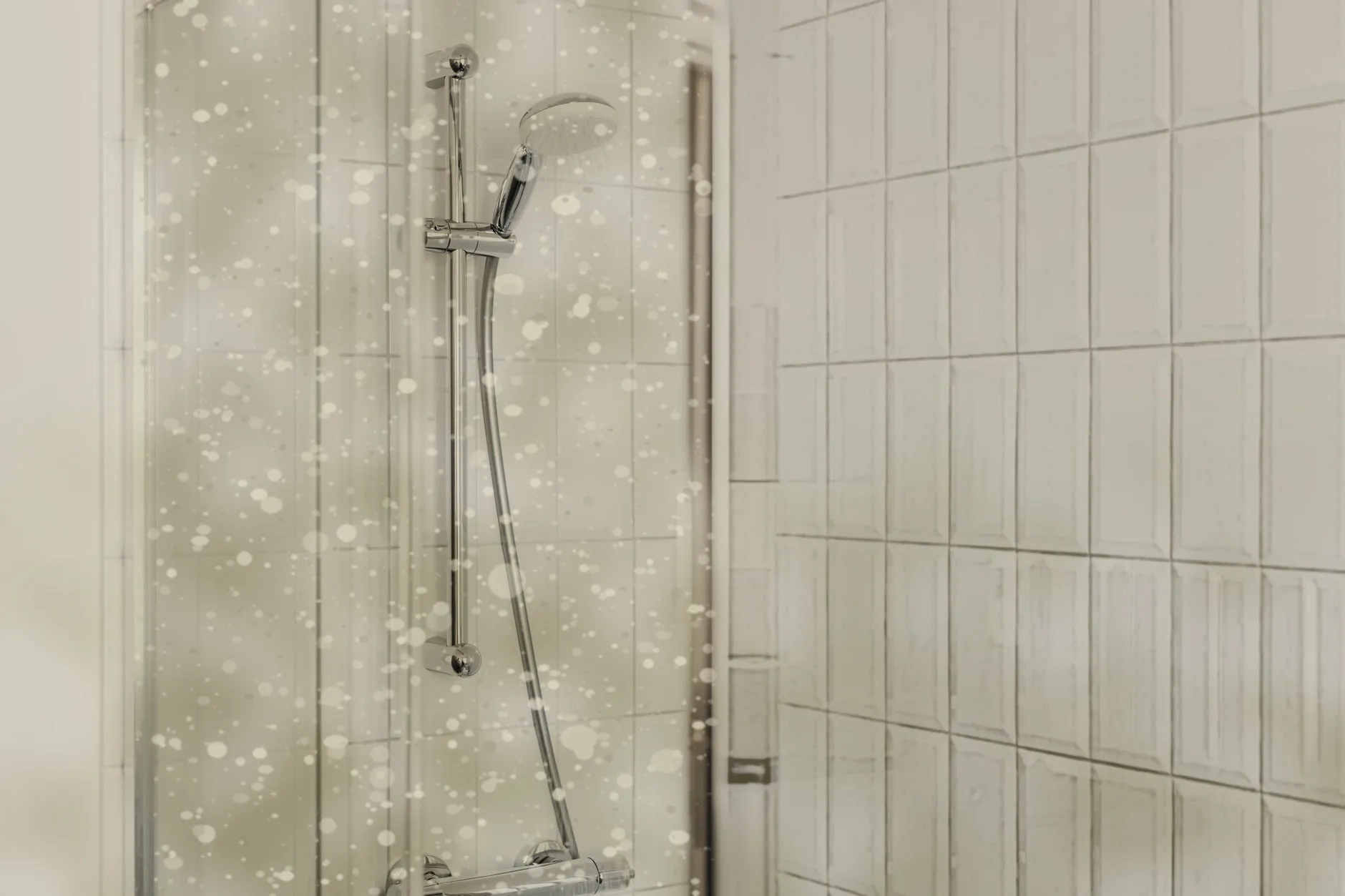 Shower screen and tiles with water marks and grey grout